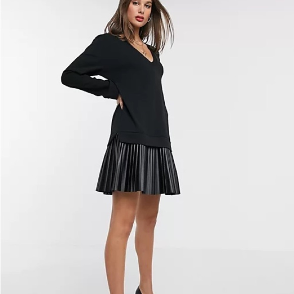 ASOS DESIGN Tall sweat dress with leather look pleated hem - Size 8